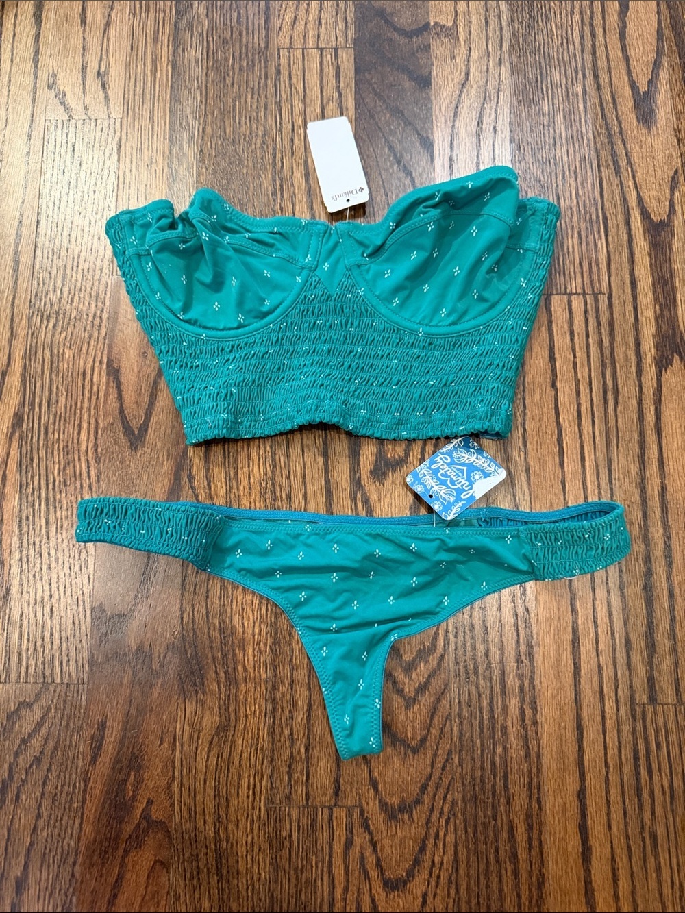 NWT Free People Teal Smocked Bikini Strapless Bralette Cami & Thong Set - Picture 2 of 8